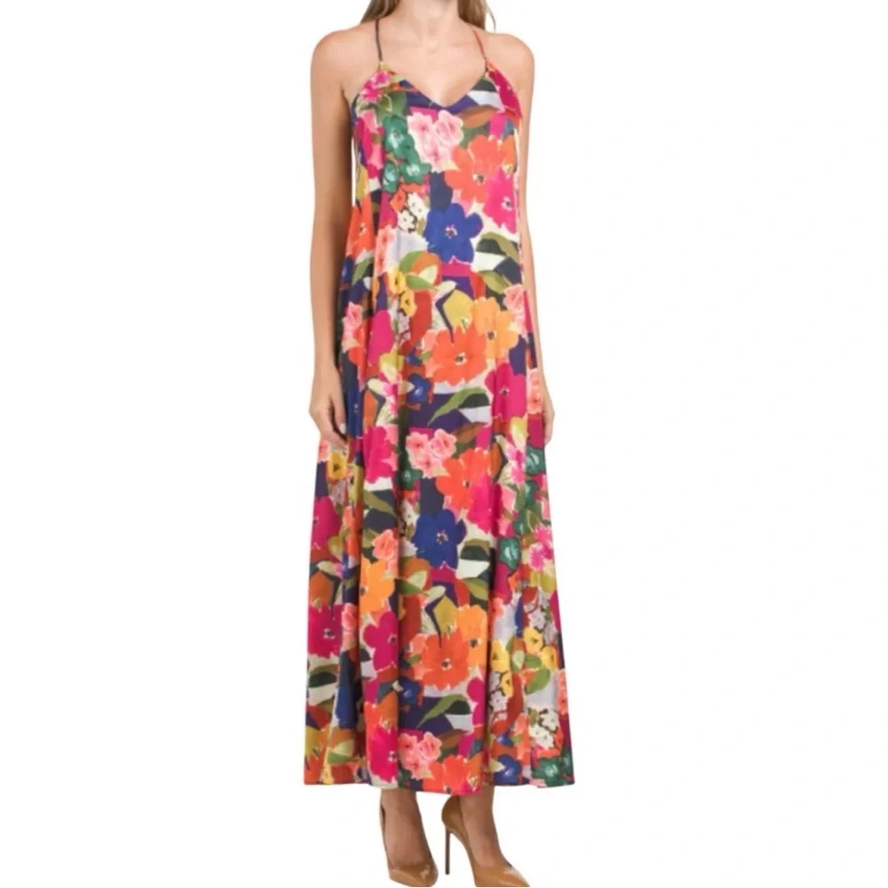 Nicole Miller Abstract Floral Print Slip on Satin Maxi Dress - Size S - Picture 3 of 12